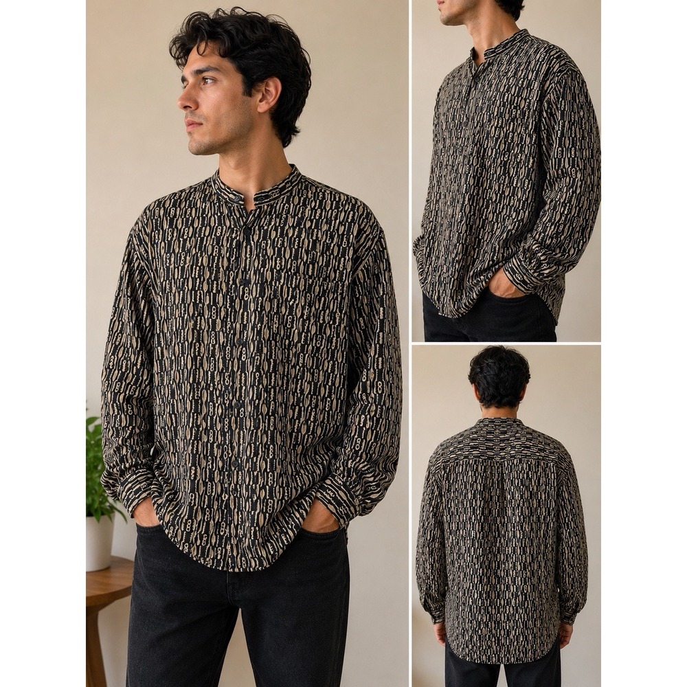 CEZAR 100% Silk Button-Up – Men's L – Black & Cream Geometric Pattern Vintage